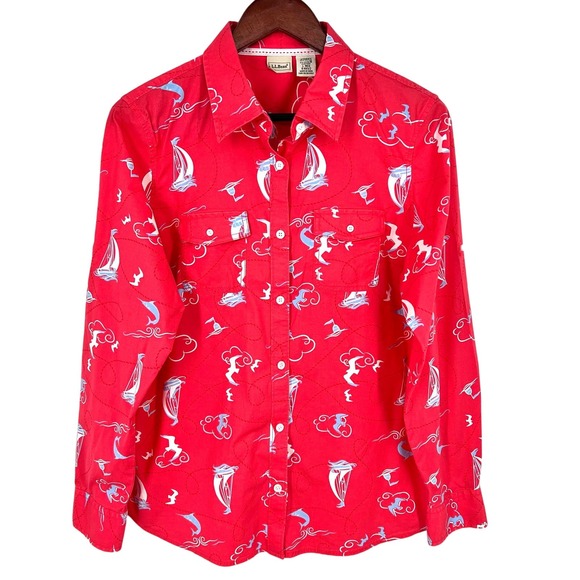 LL Bean Women Large Long Sleeve Coral Pink Birds Ocean Sailing Blouse Shirt Top - Picture 1 of 8